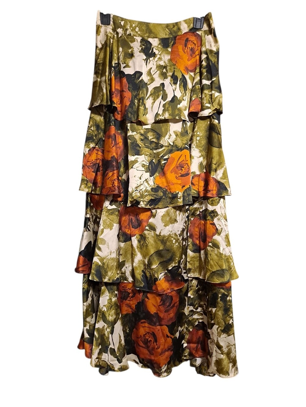 Skies Are Blue Floral Tiered Maxi Dress in Olive and Orange